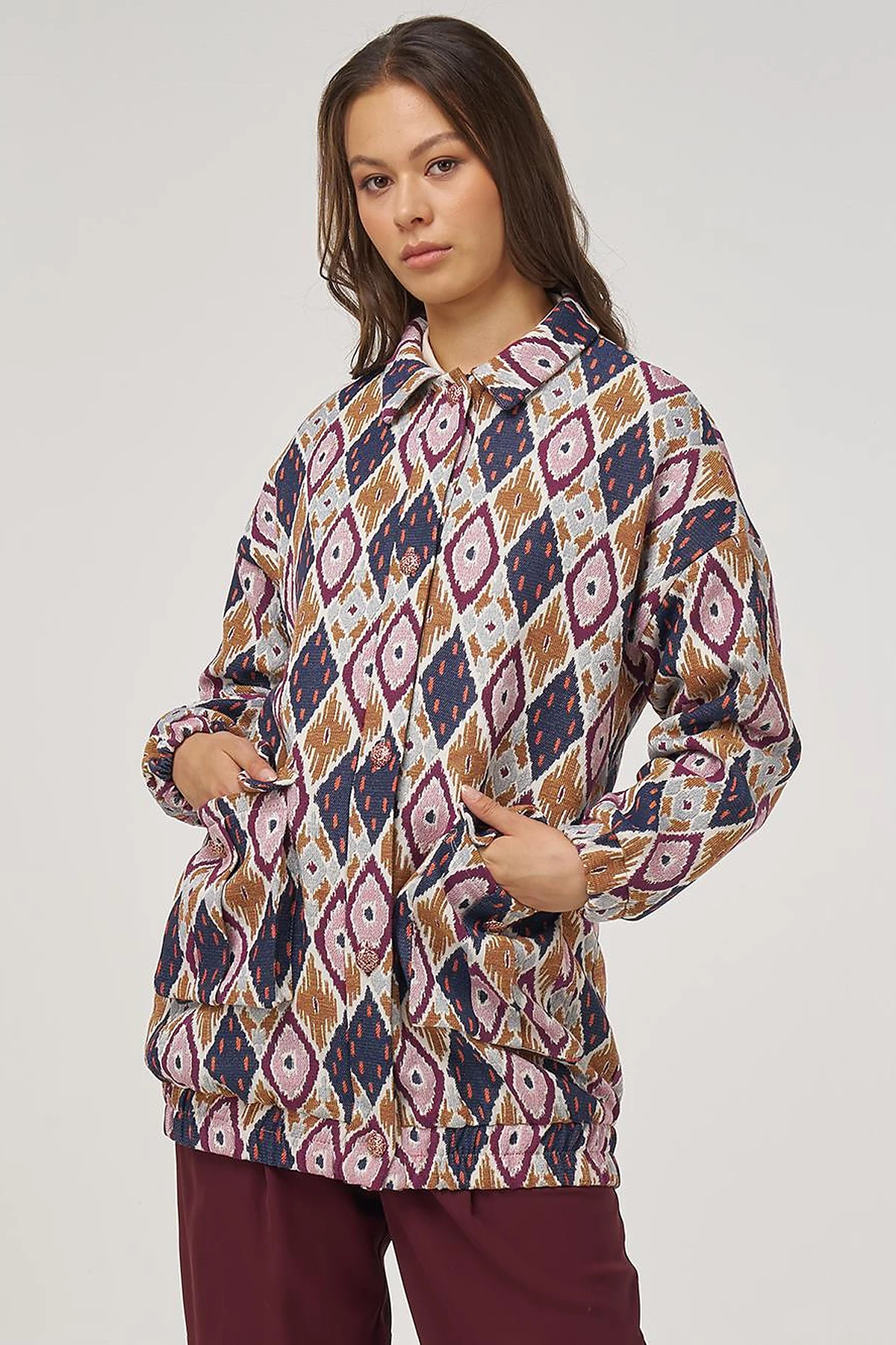 Geometric Pattern Bomber Jacket – Navy Blue 