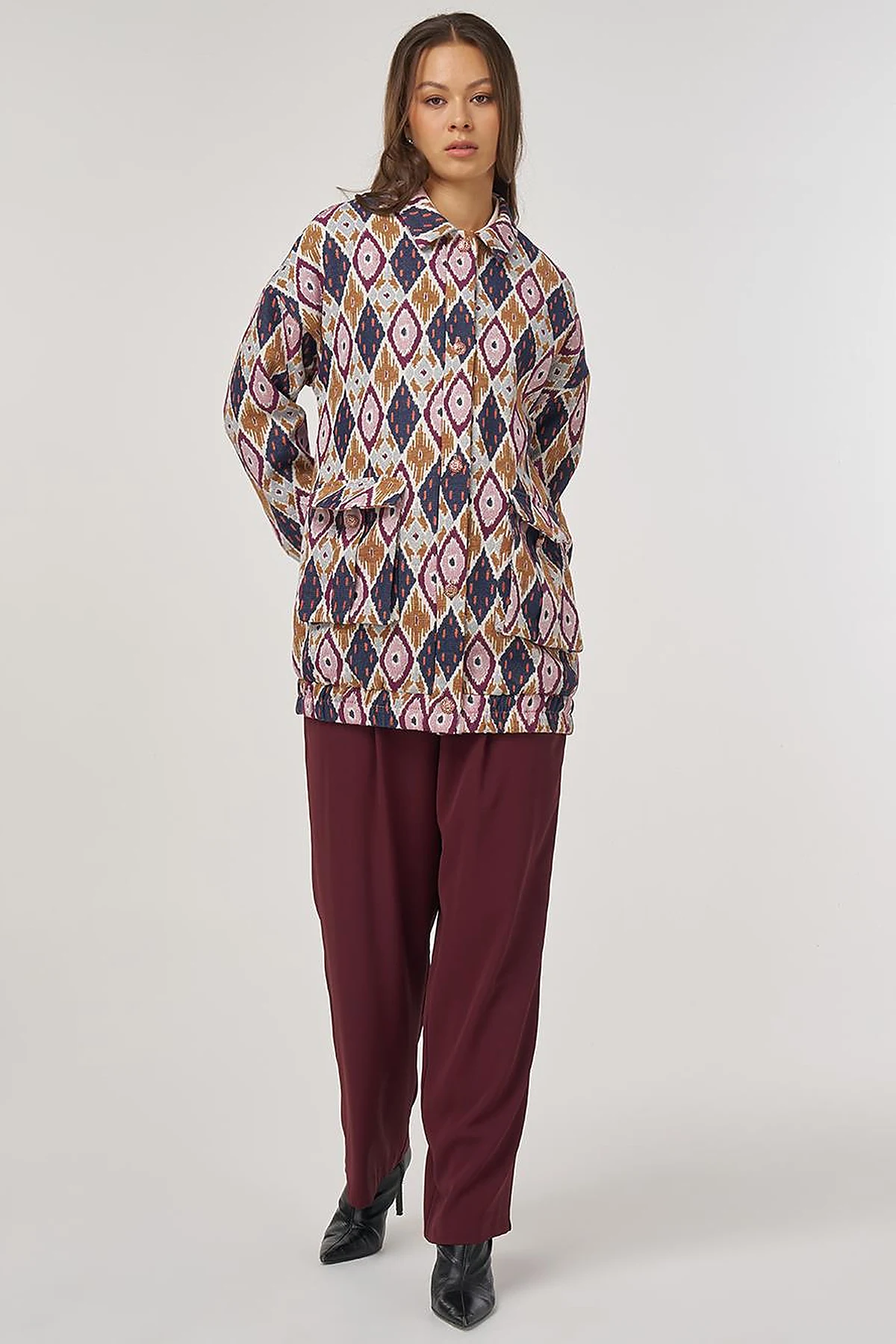 Geometric Pattern Bomber Jacket – Navy Blue 
