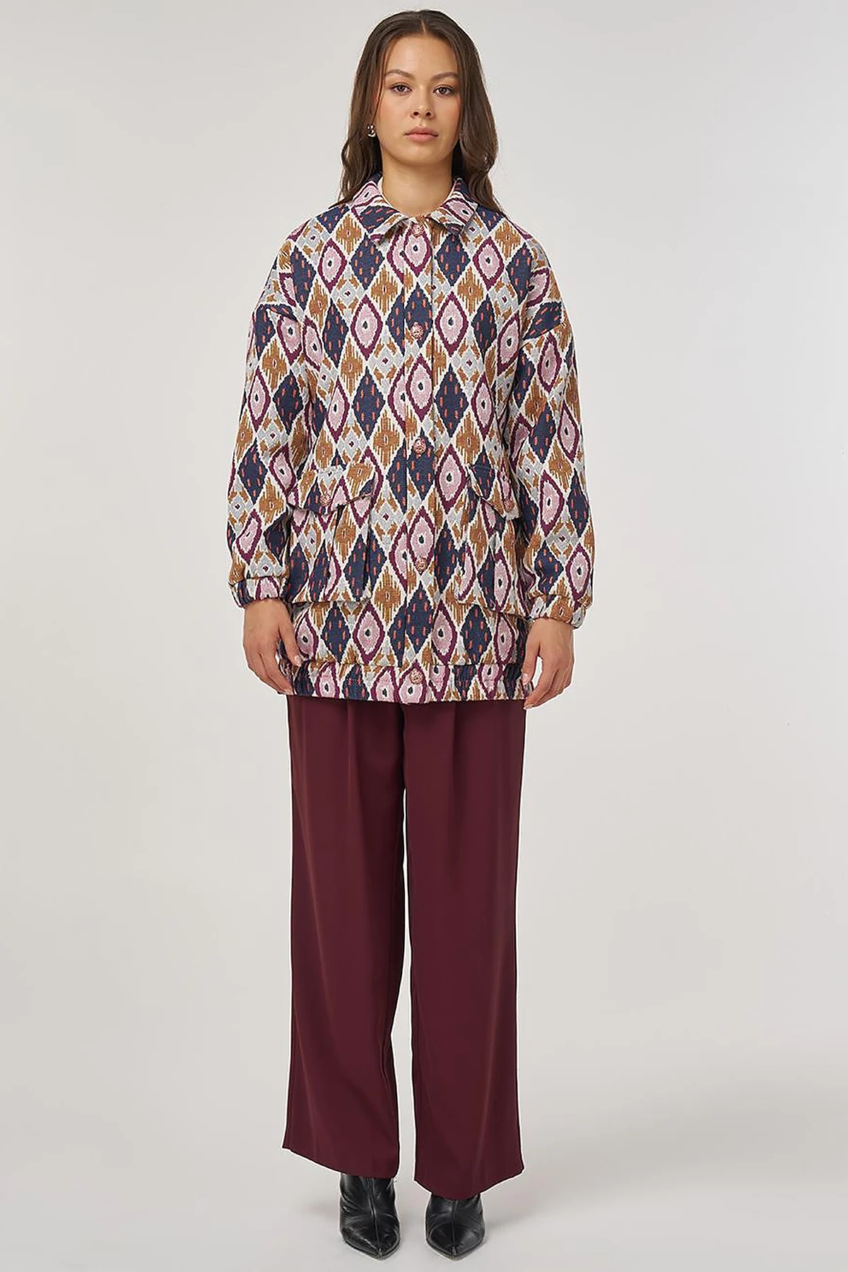 Geometric Pattern Bomber Jacket – Navy Blue 