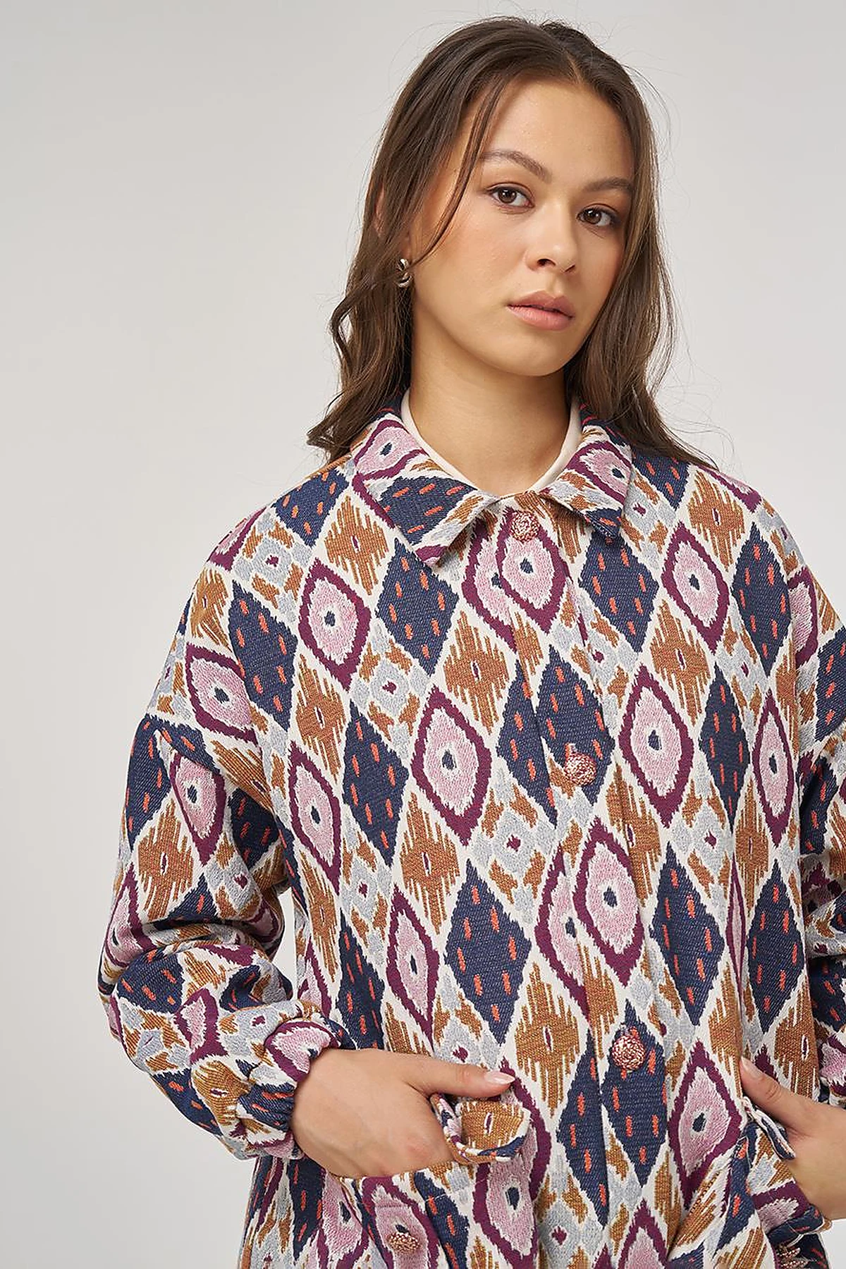 Geometric Pattern Bomber Jacket – Navy Blue 