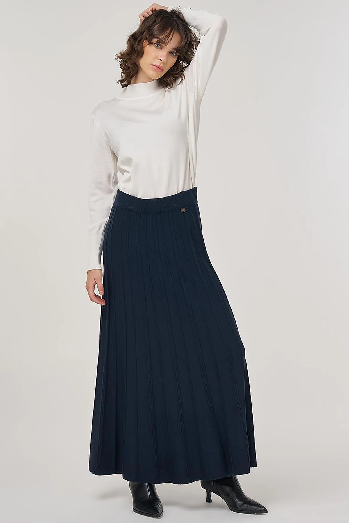 High Waist Viscose Knit Skirt Dark Navy 