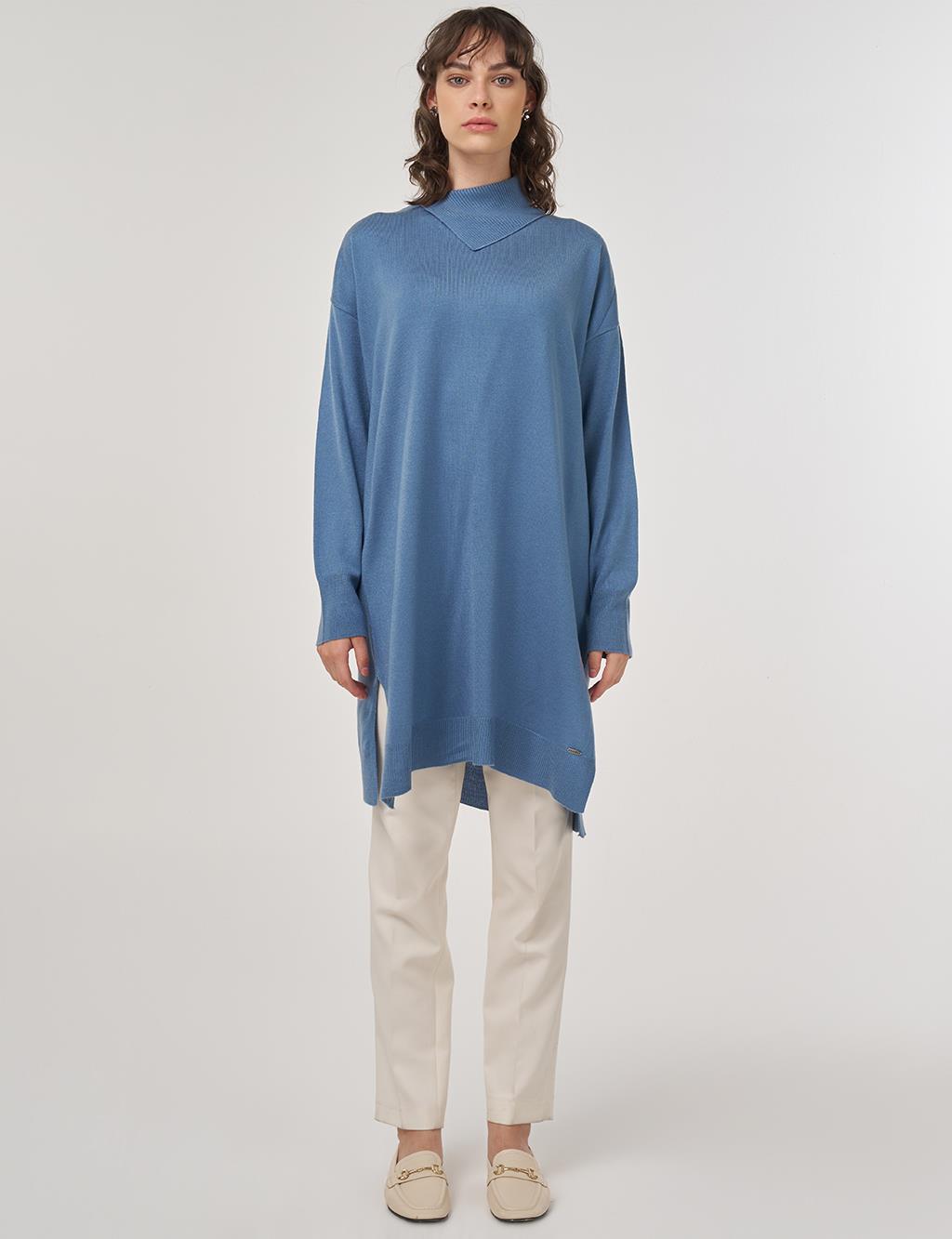 Draped Collar Knit Tunic – Crown Blue