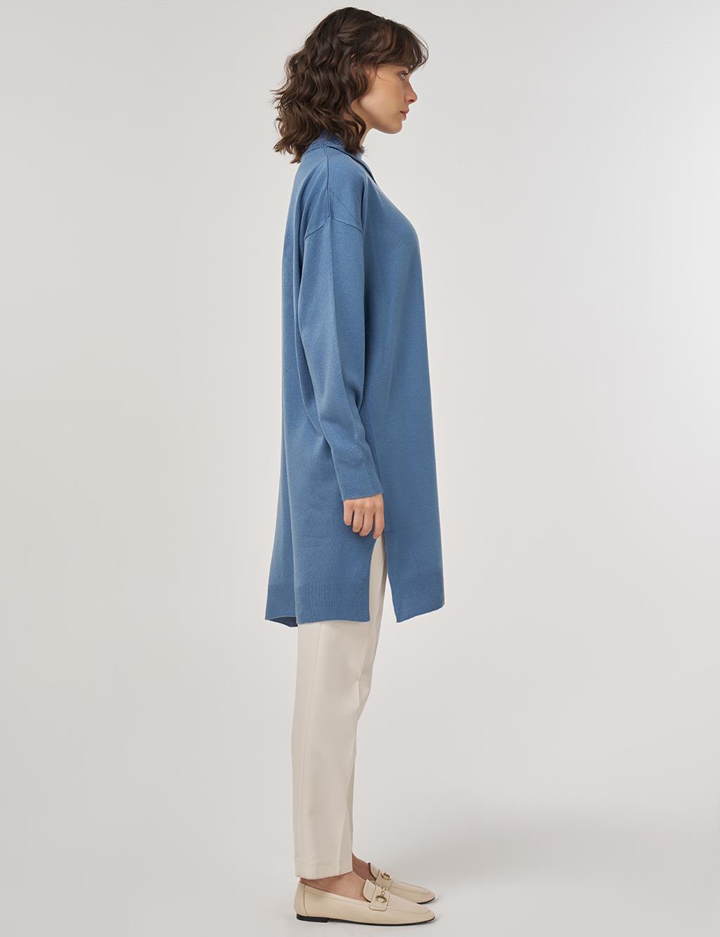 Draped Collar Knit Tunic – Crown Blue