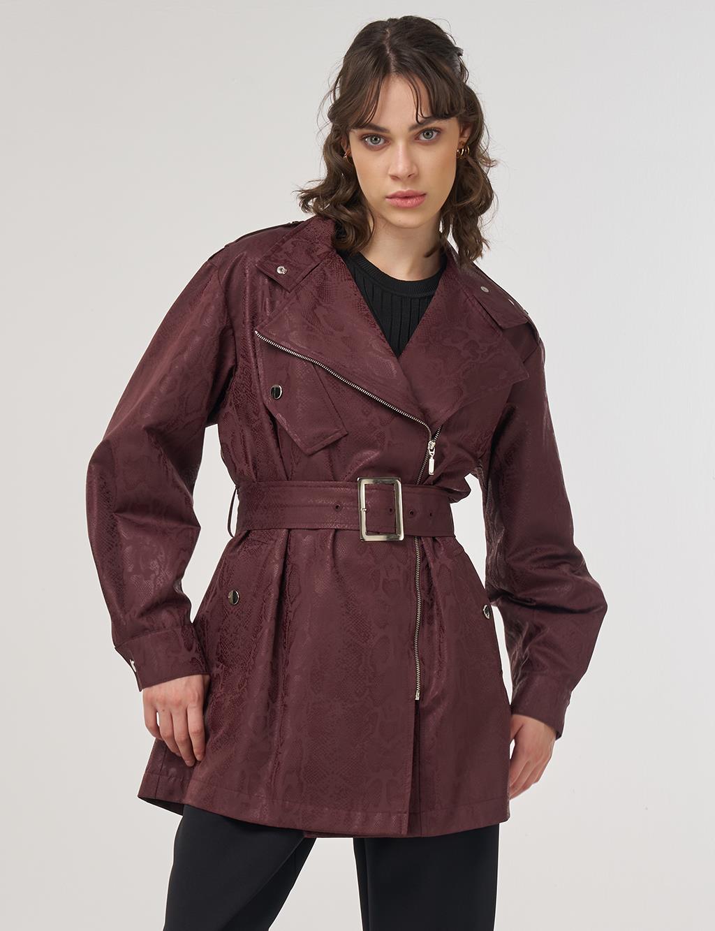 Snake Print Buckle Detail Jacket Dark Burgundy 