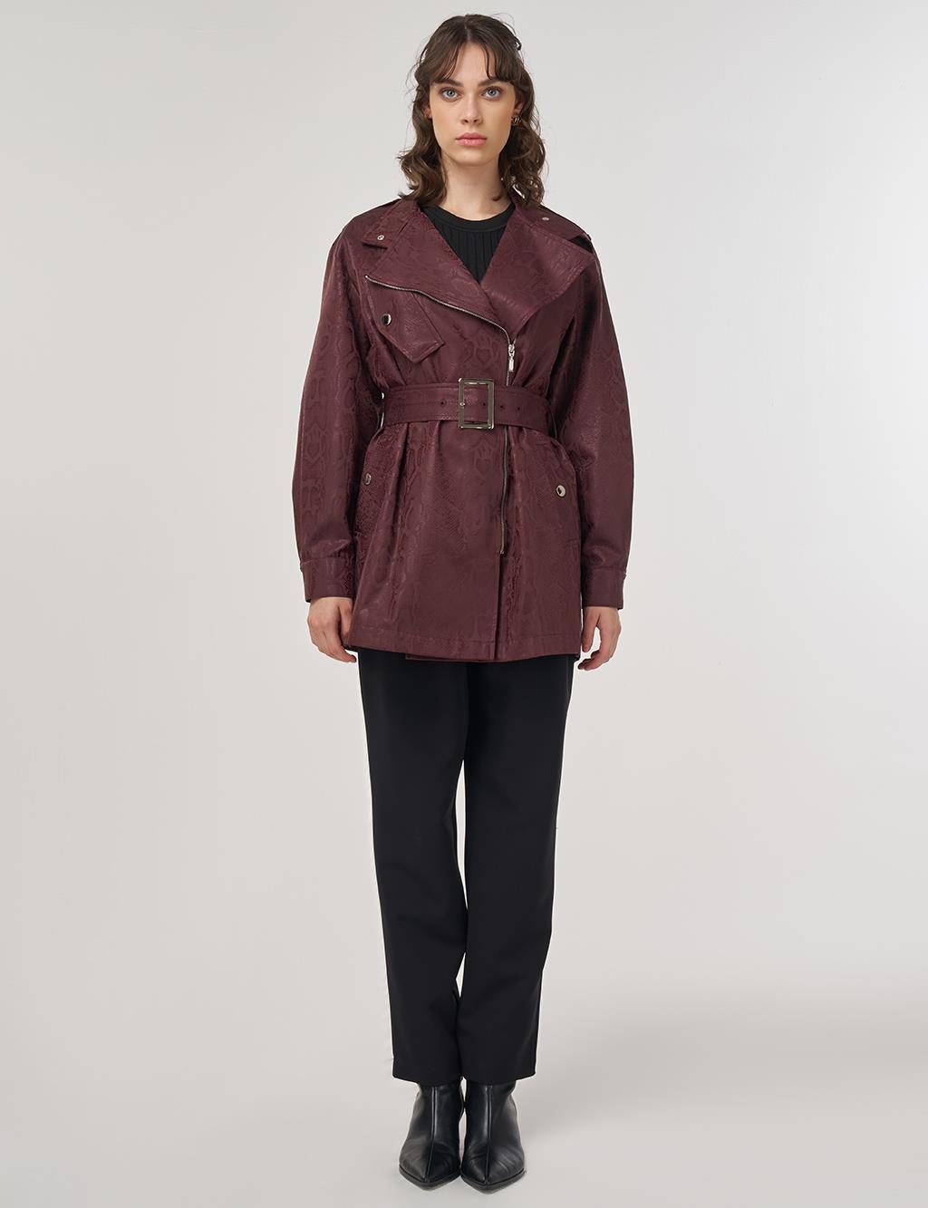Snake Print Buckle Detail Jacket Dark Burgundy 