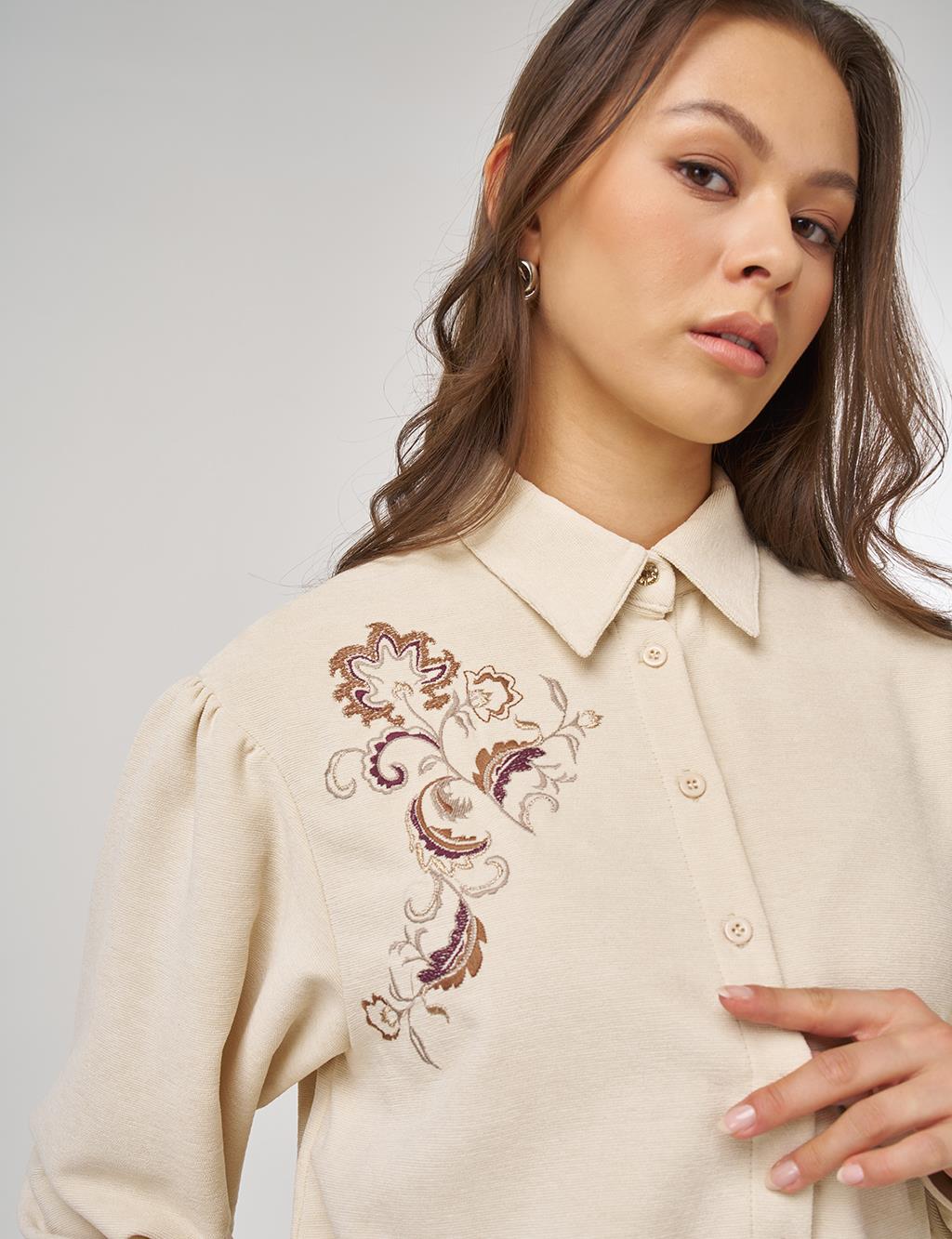 Embroidered Velvet Blouse – Cream