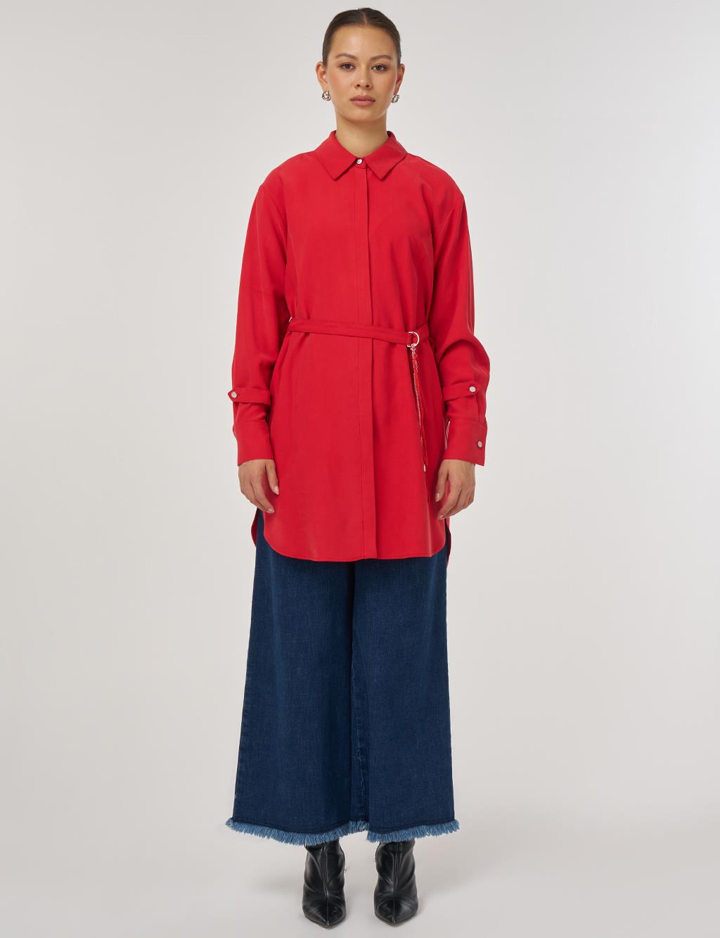 Belt-Detail Rayon Tunic – Red