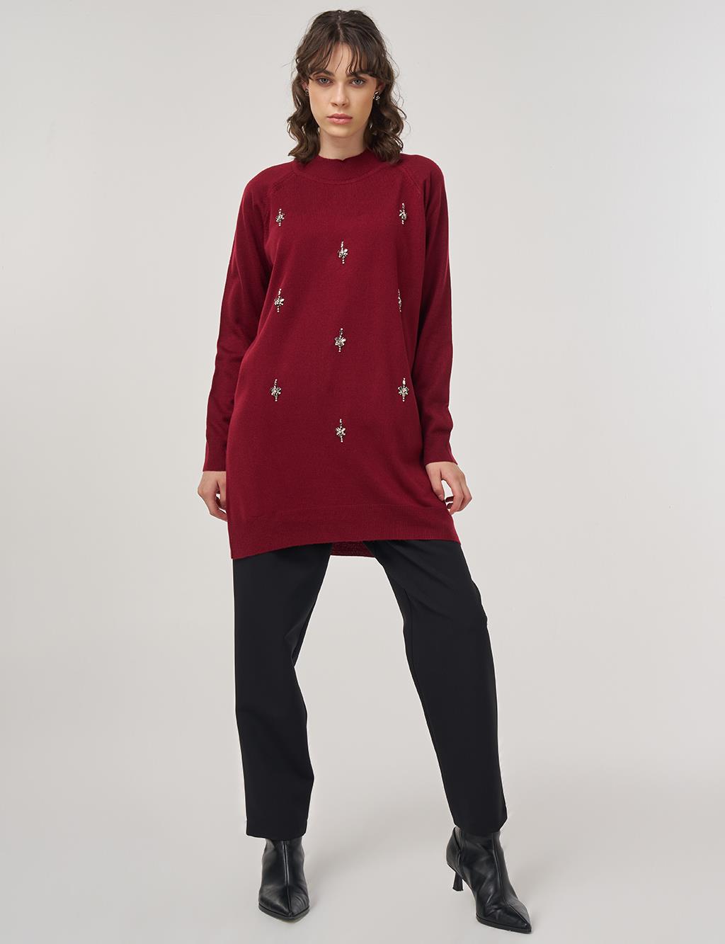 Stone-Embellished Knit Tunic – Burgundy 