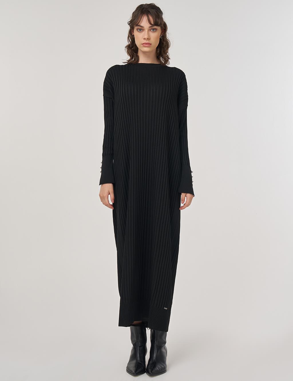 Ribbed Crew Neck Knit Maxi Dress Black 