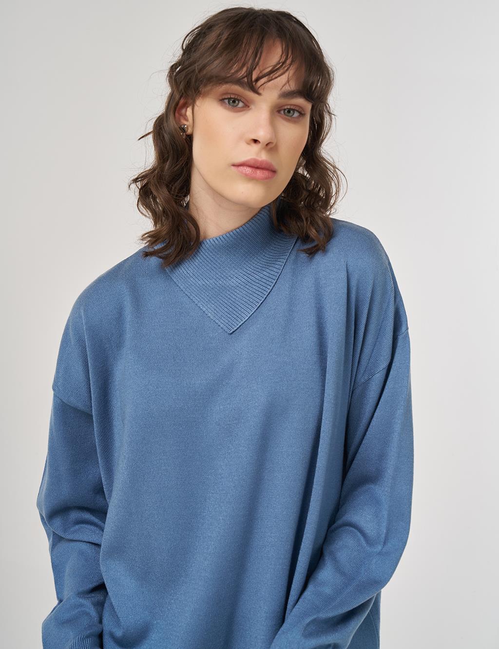 Draped Collar Knit Tunic – Crown Blue