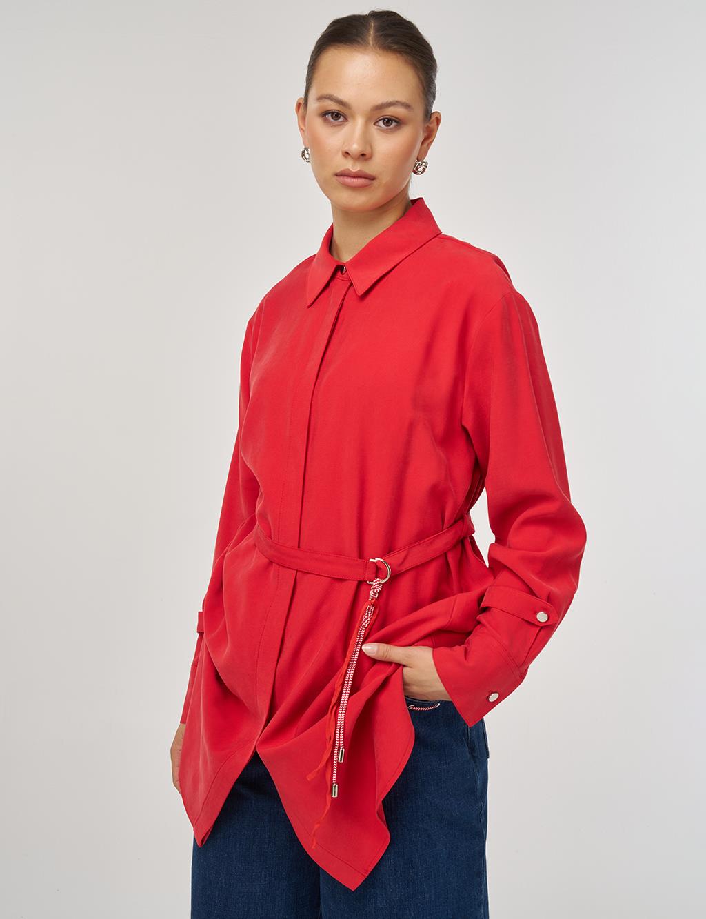 Belt-Detail Rayon Tunic – Red
