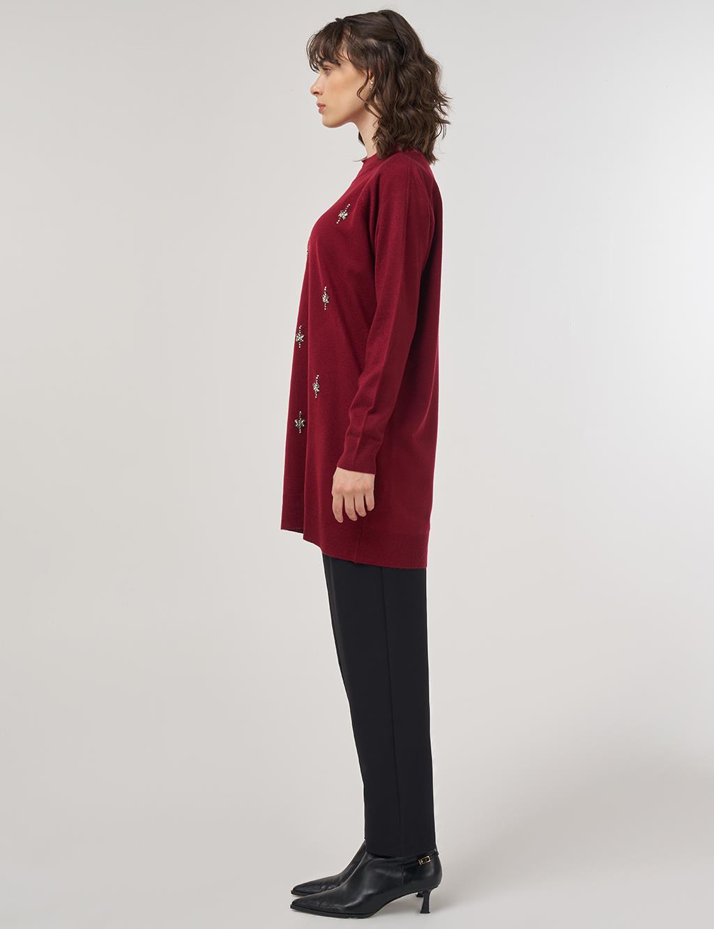 Stone-Embellished Knit Tunic – Burgundy 