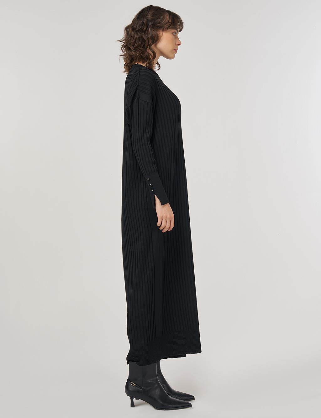 Ribbed Crew Neck Knit Maxi Dress Black 