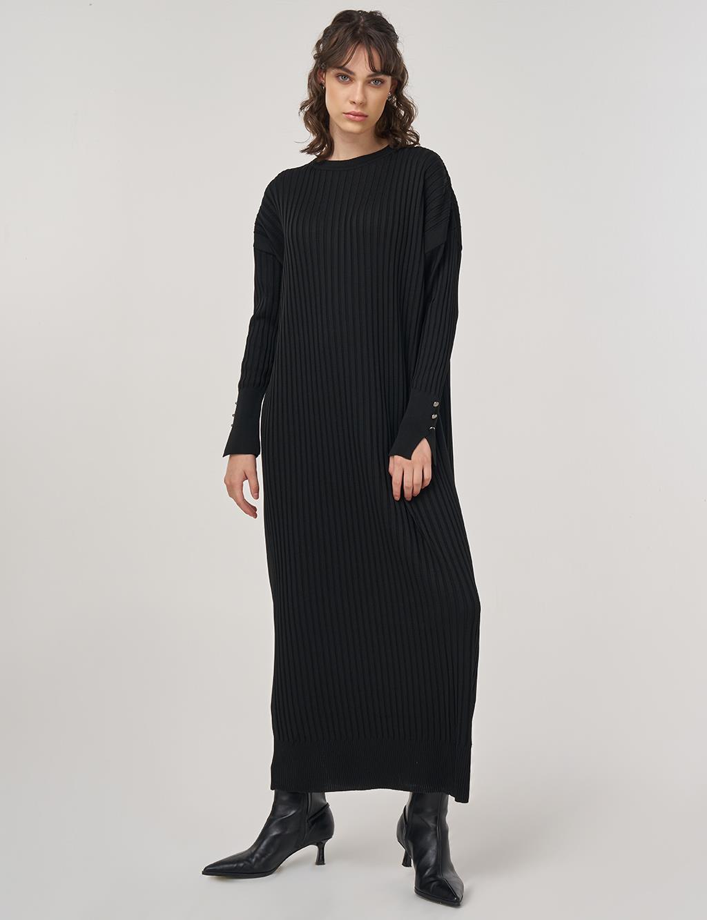 Ribbed Crew Neck Knit Maxi Dress Black 