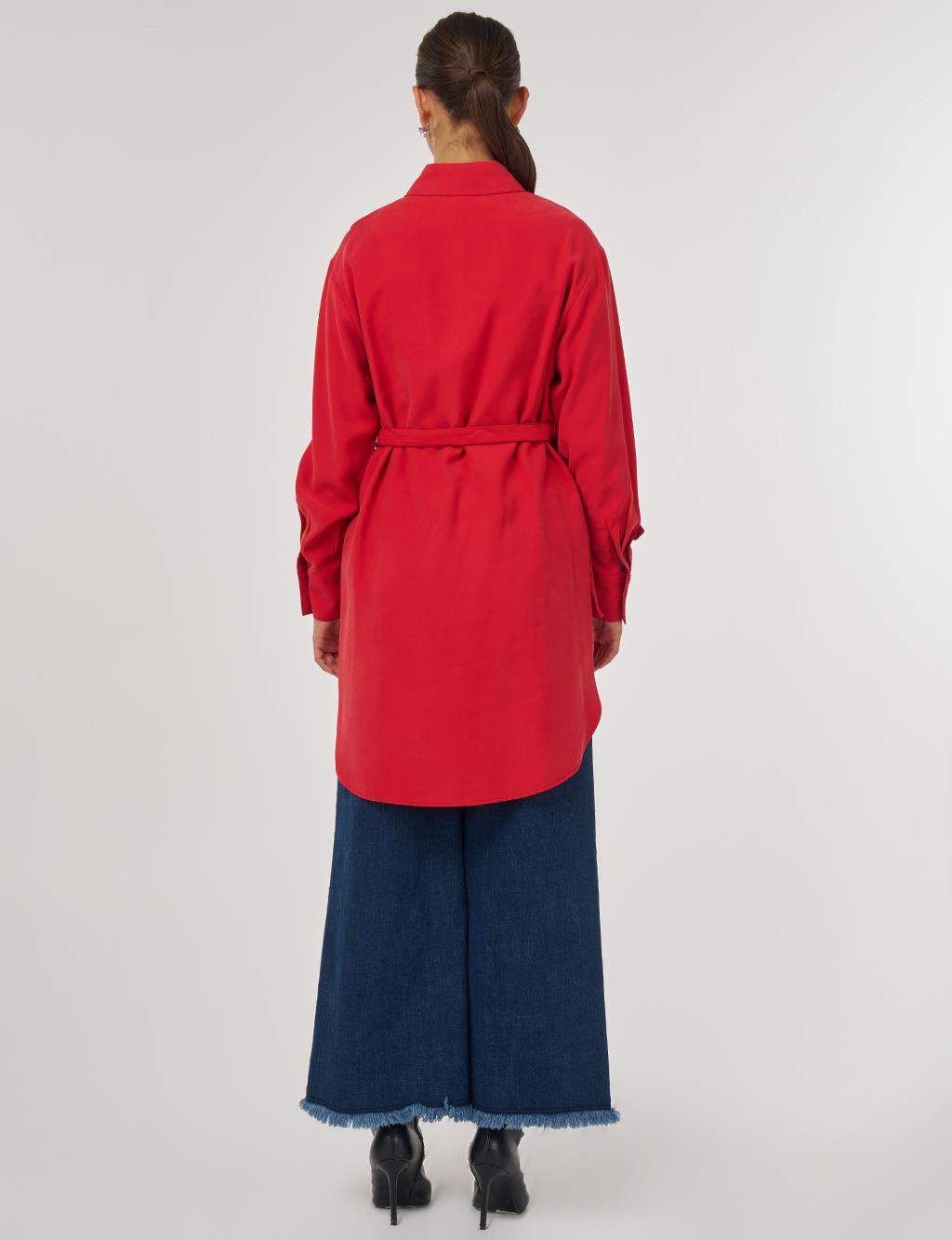Belt-Detail Rayon Tunic – Red