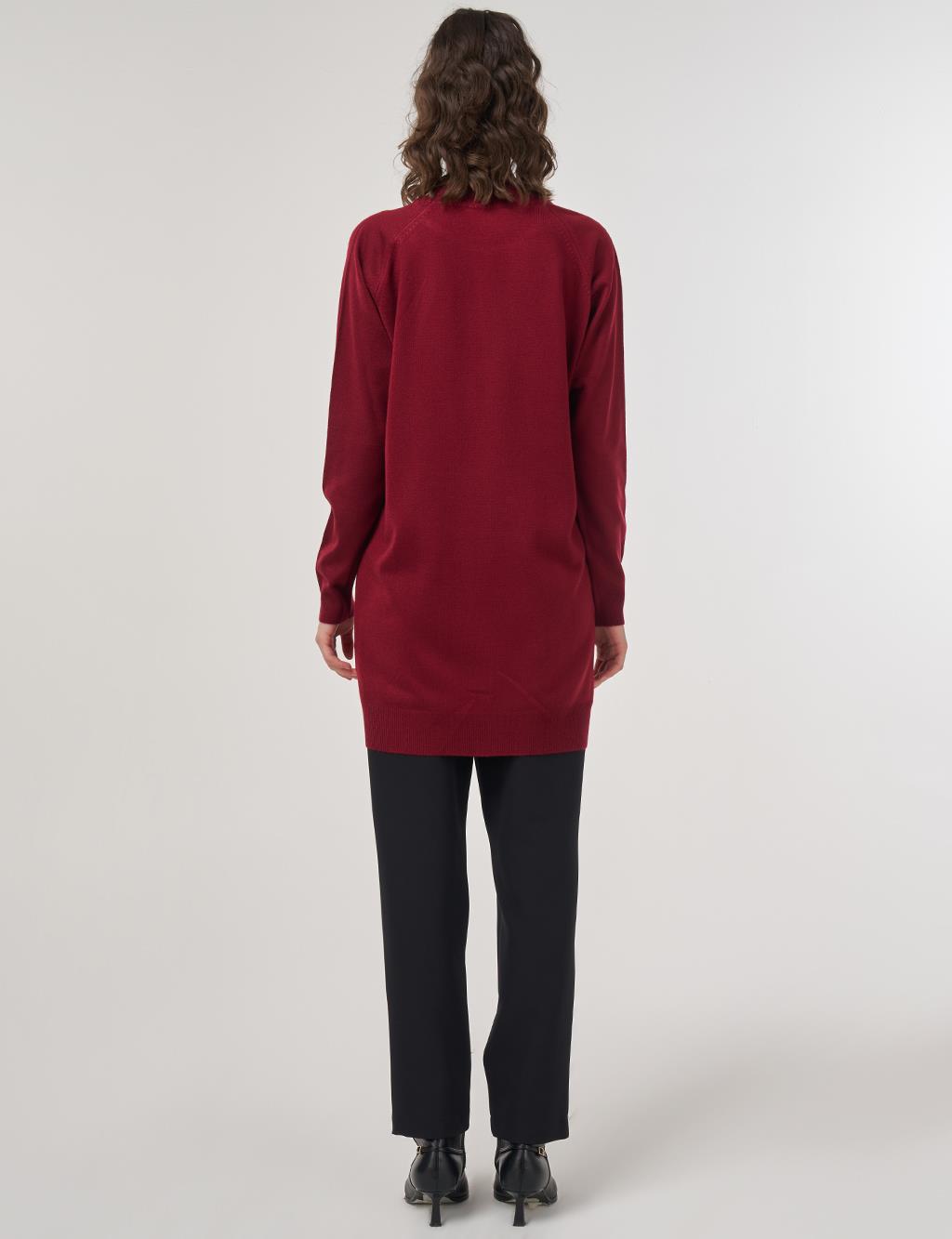 Stone-Embellished Knit Tunic – Burgundy 