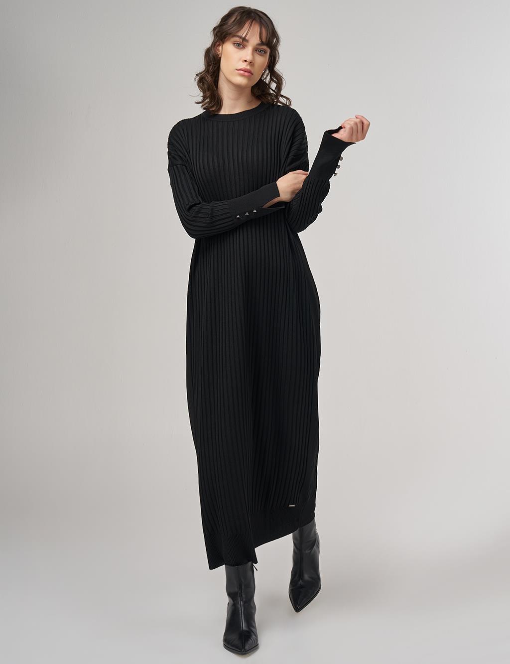 Ribbed Crew Neck Knit Maxi Dress Black 