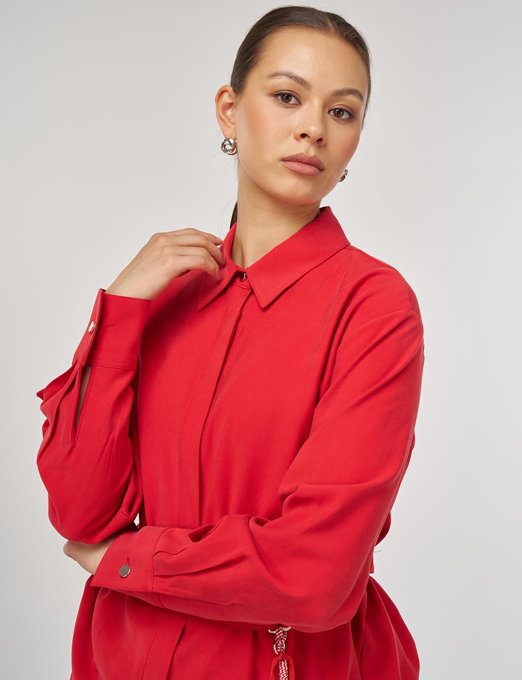 Belt-Detail Rayon Tunic – Red