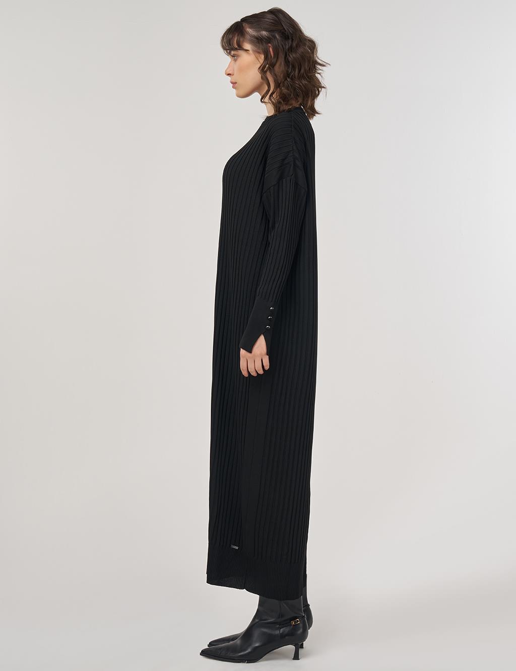 Ribbed Crew Neck Knit Maxi Dress Black 