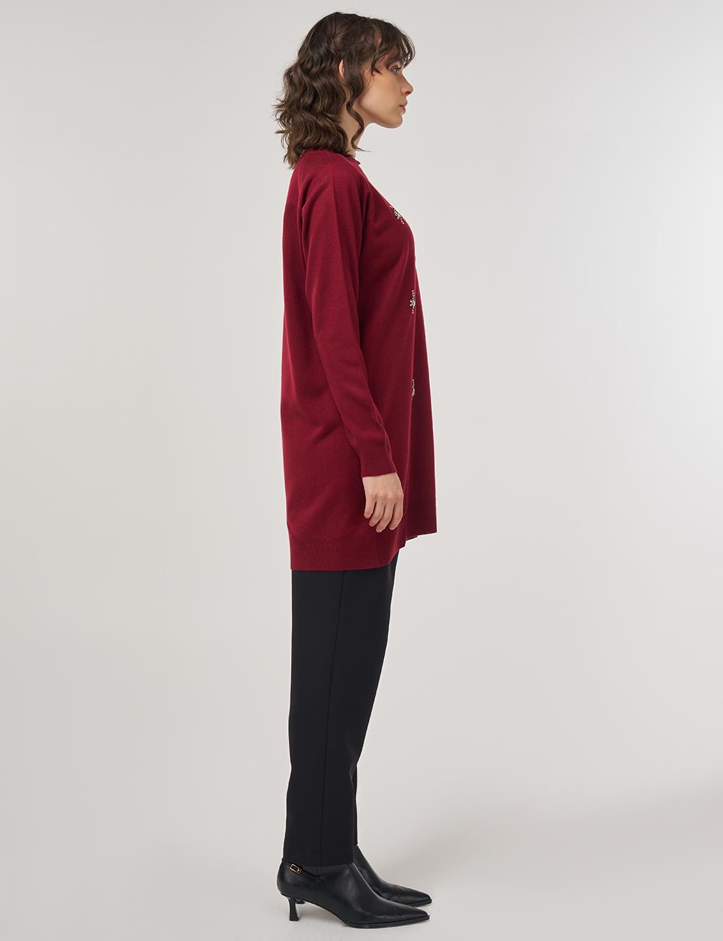 Stone-Embellished Knit Tunic – Burgundy 