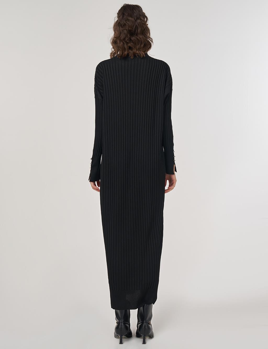 Ribbed Crew Neck Knit Maxi Dress Black 