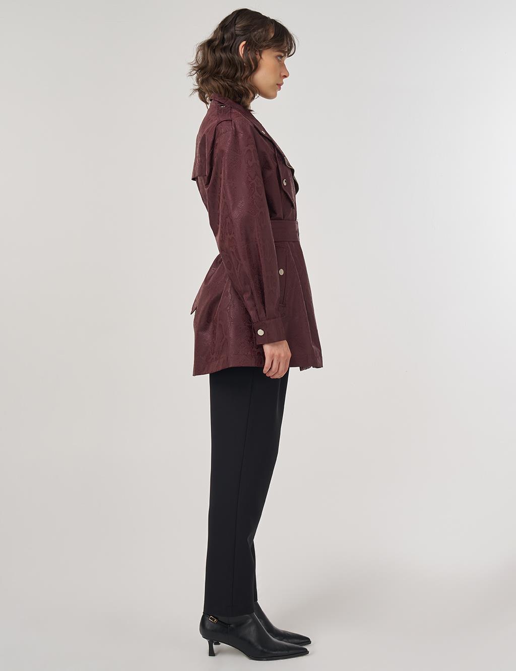 Snake Print Buckle Detail Jacket Dark Burgundy 