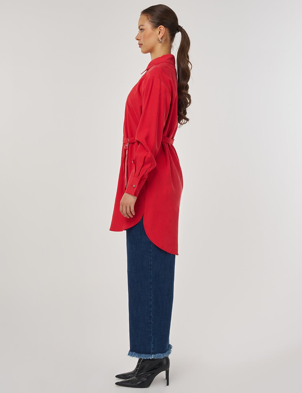 Belt-Detail Rayon Tunic – Red