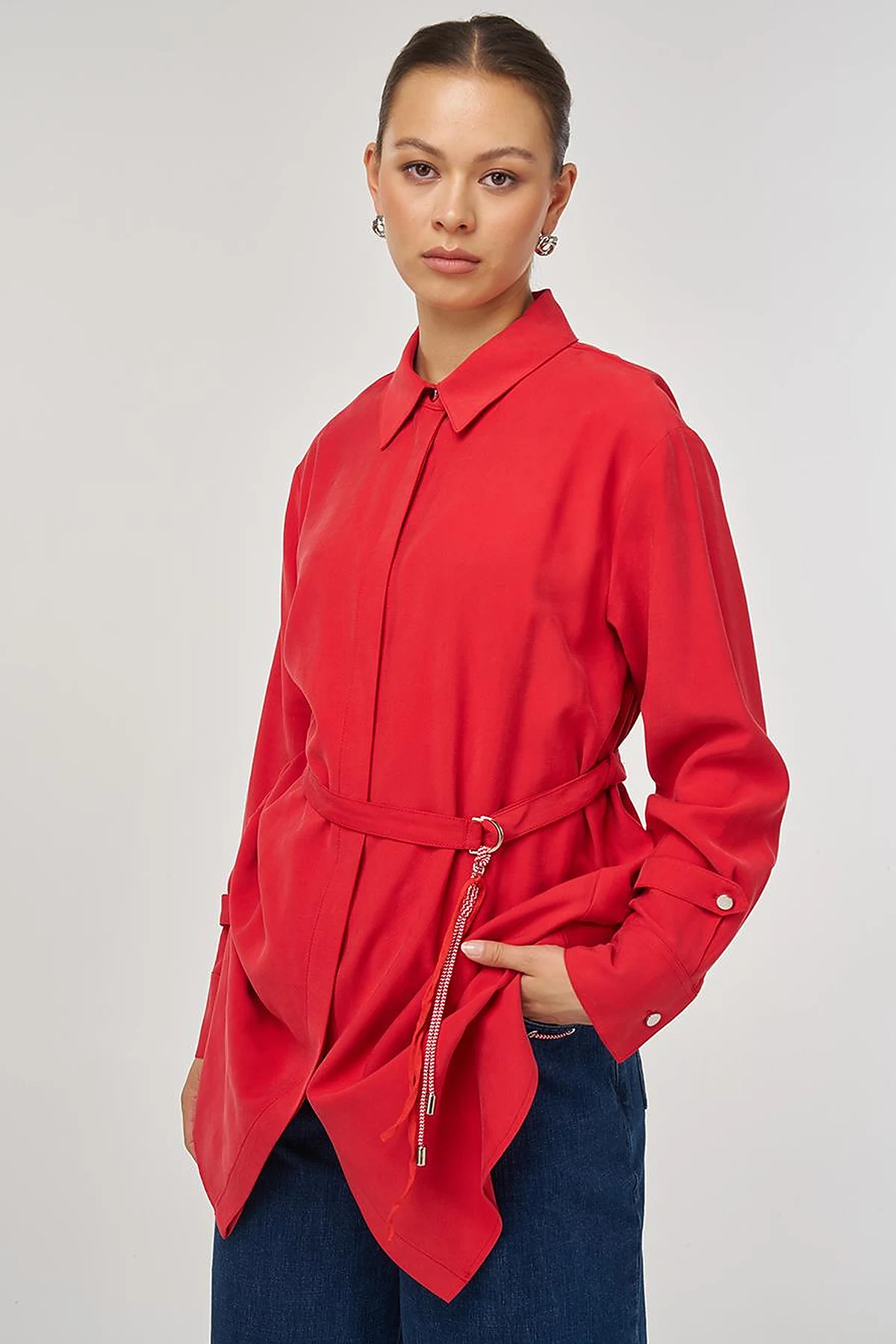 Belt-Detail Rayon Tunic – Red