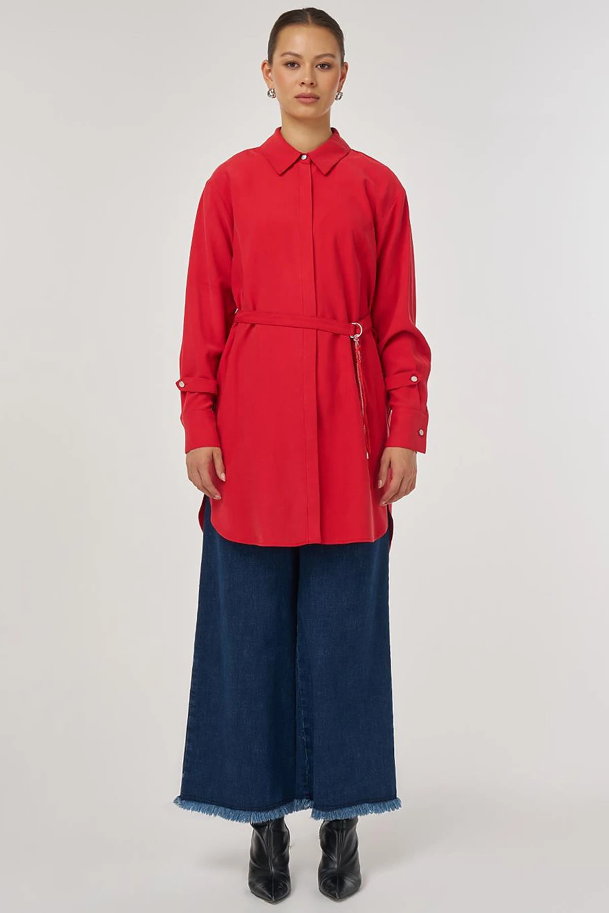 Belt-Detail Rayon Tunic – Red