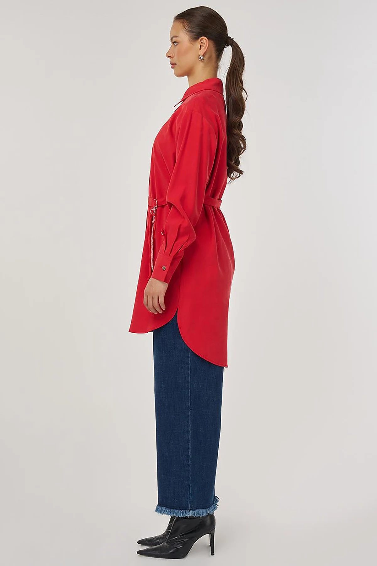 Belt-Detail Rayon Tunic – Red