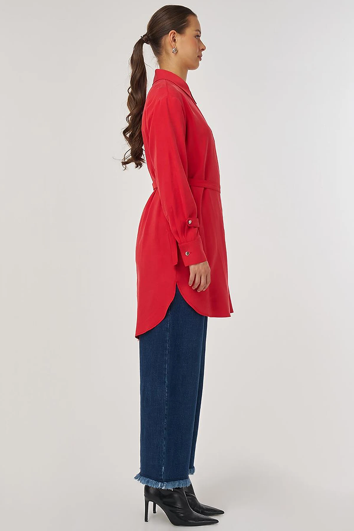 Belt-Detail Rayon Tunic – Red