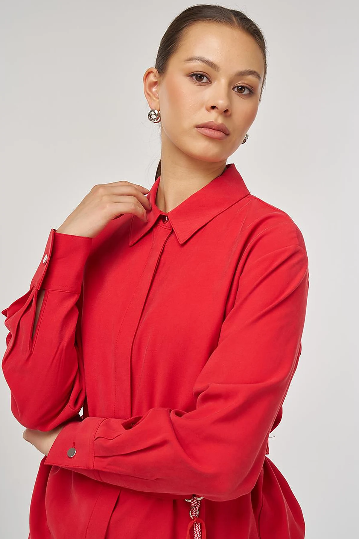 Belt-Detail Rayon Tunic – Red