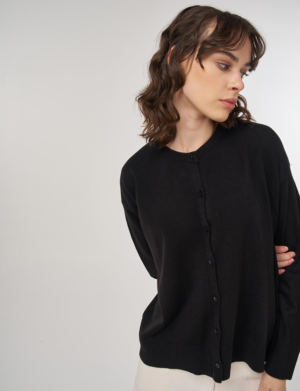 Düğme Detaylı Triko Hırka Siyah 