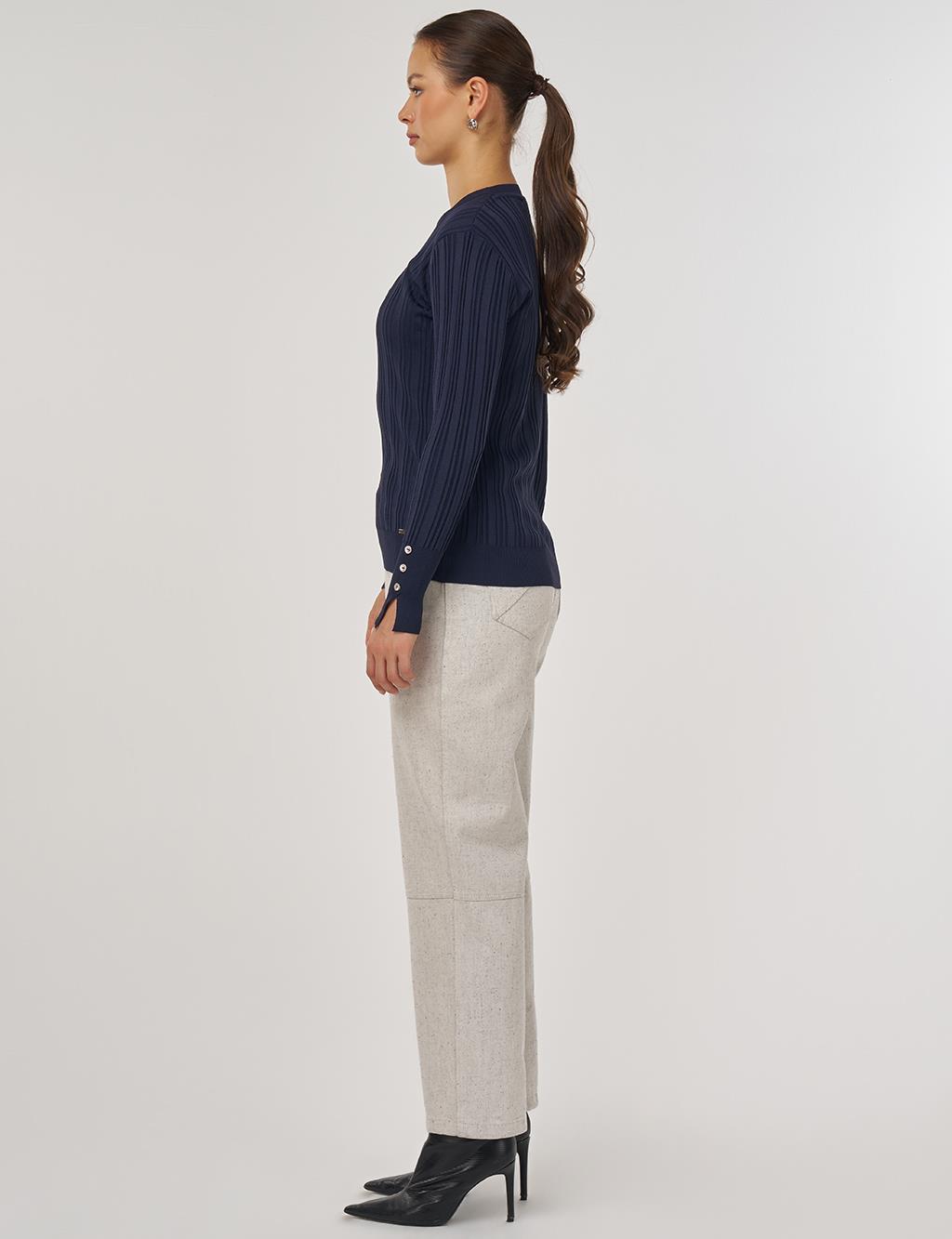 Aksesuar Düğmeli Triko Kazak Lacivert