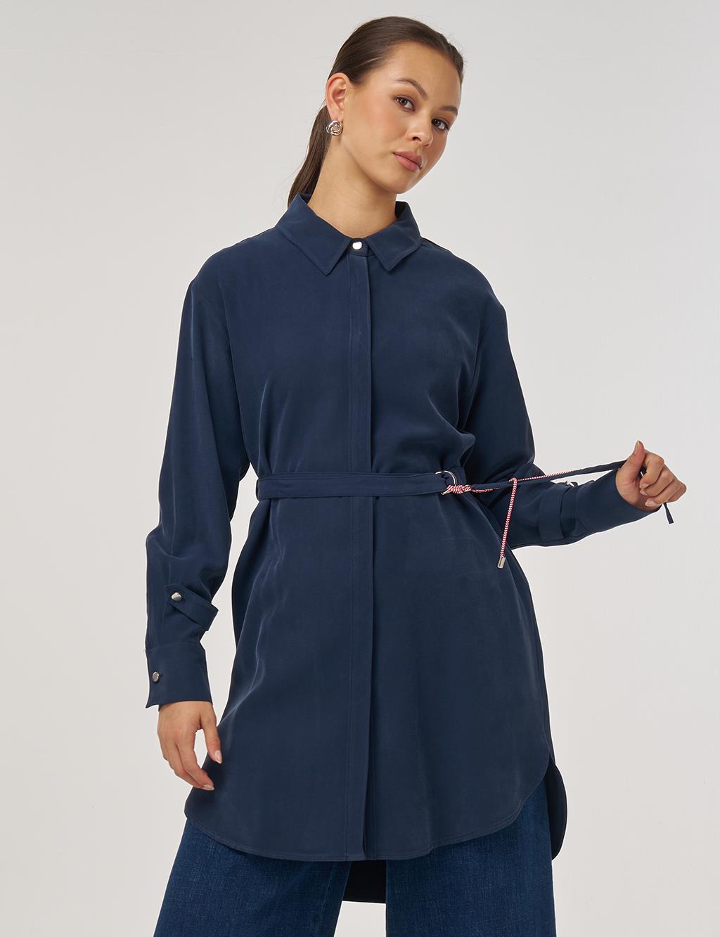Belt-Detail Rayon Tunic – Dark Navy 