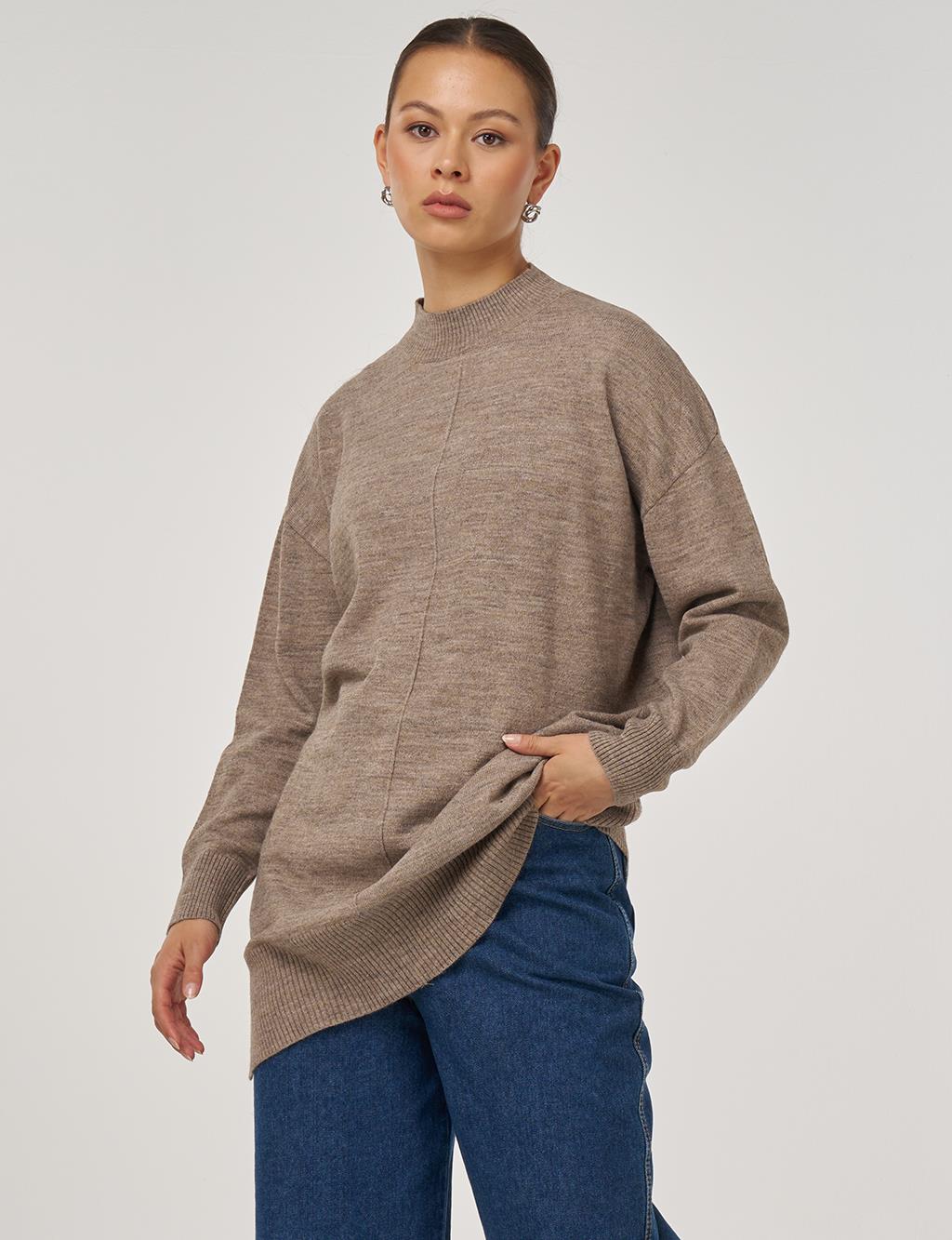 Dikiş Detaylı Triko Tunik Bej 