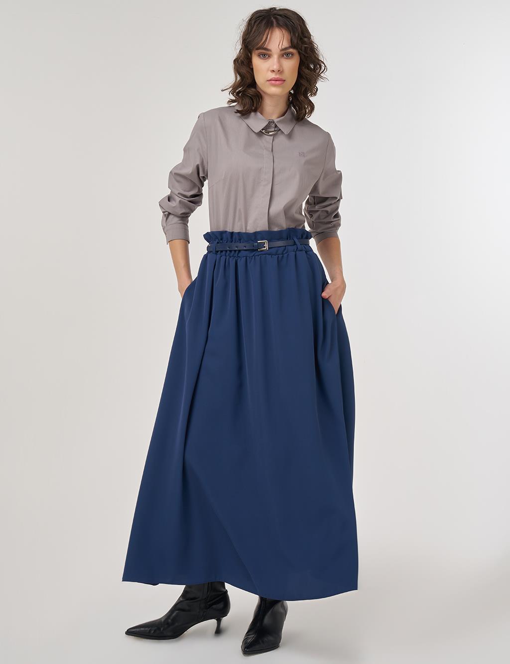 Belt Detail Flared Skirt Indigo