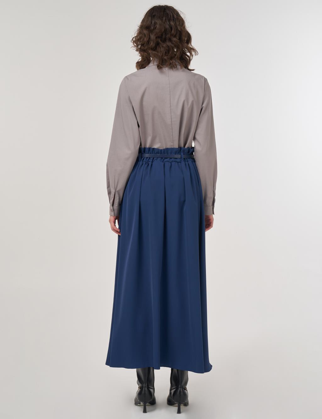 Belt Detail Flared Skirt Indigo