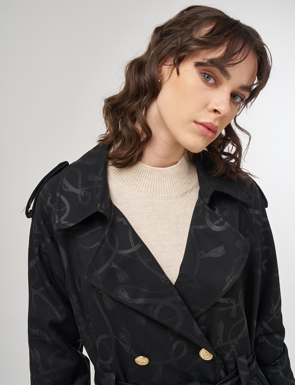 Chain-Pattern Belted Trench Coat – Black