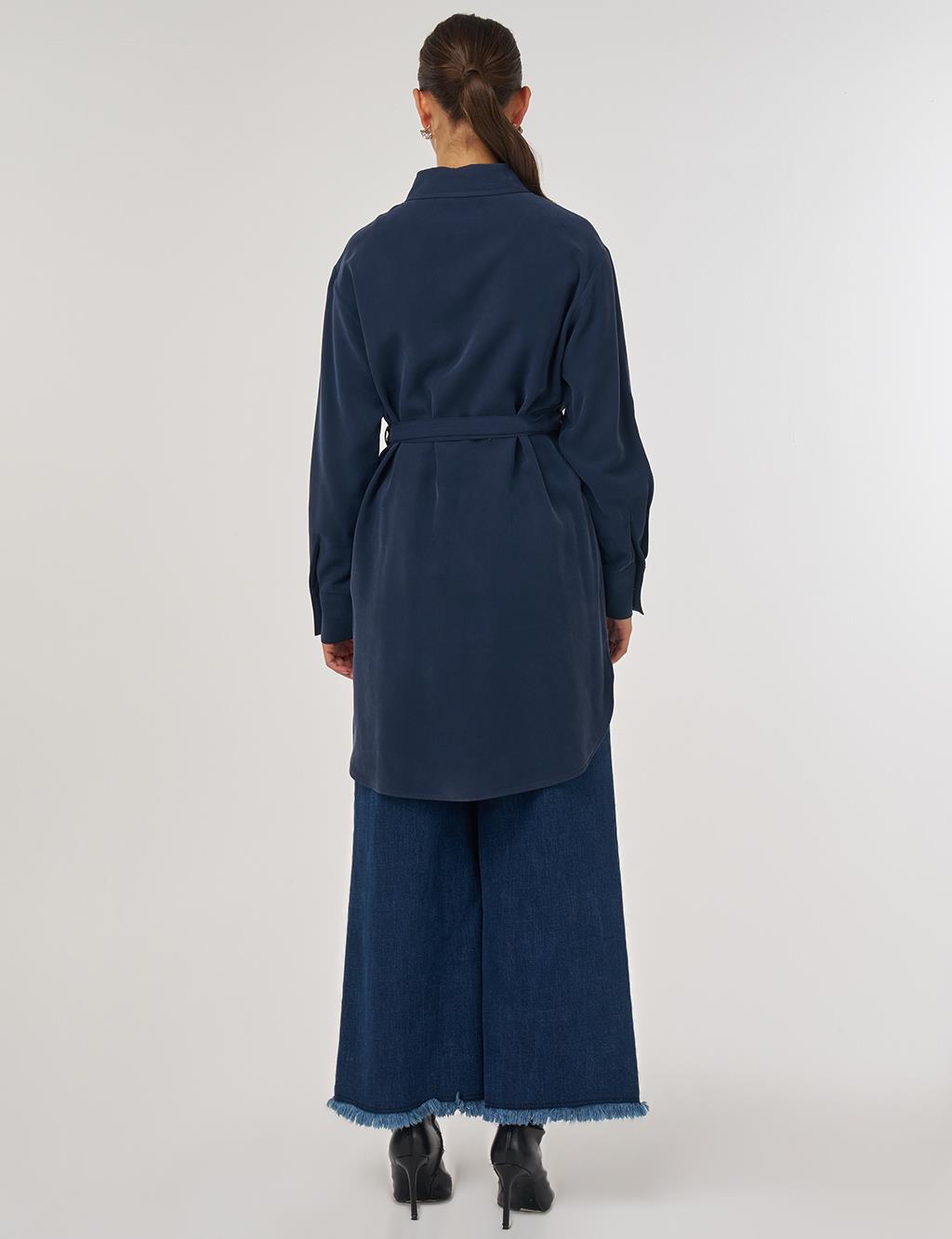 Belt-Detail Rayon Tunic – Dark Navy 