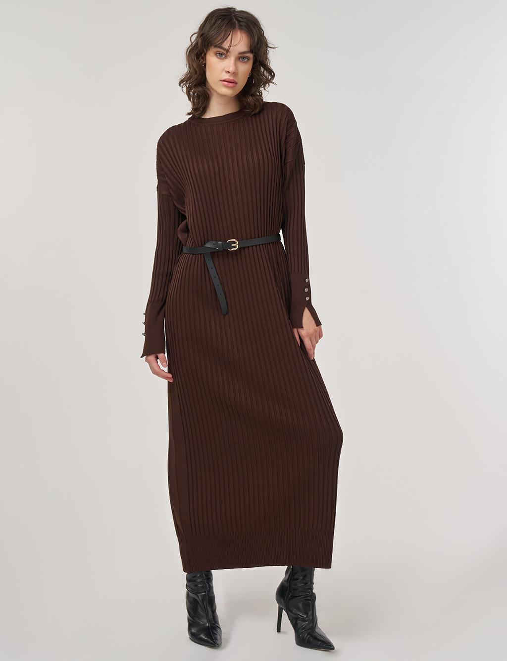 Ribbed Crew Neck Knit Maxi Dress Brown