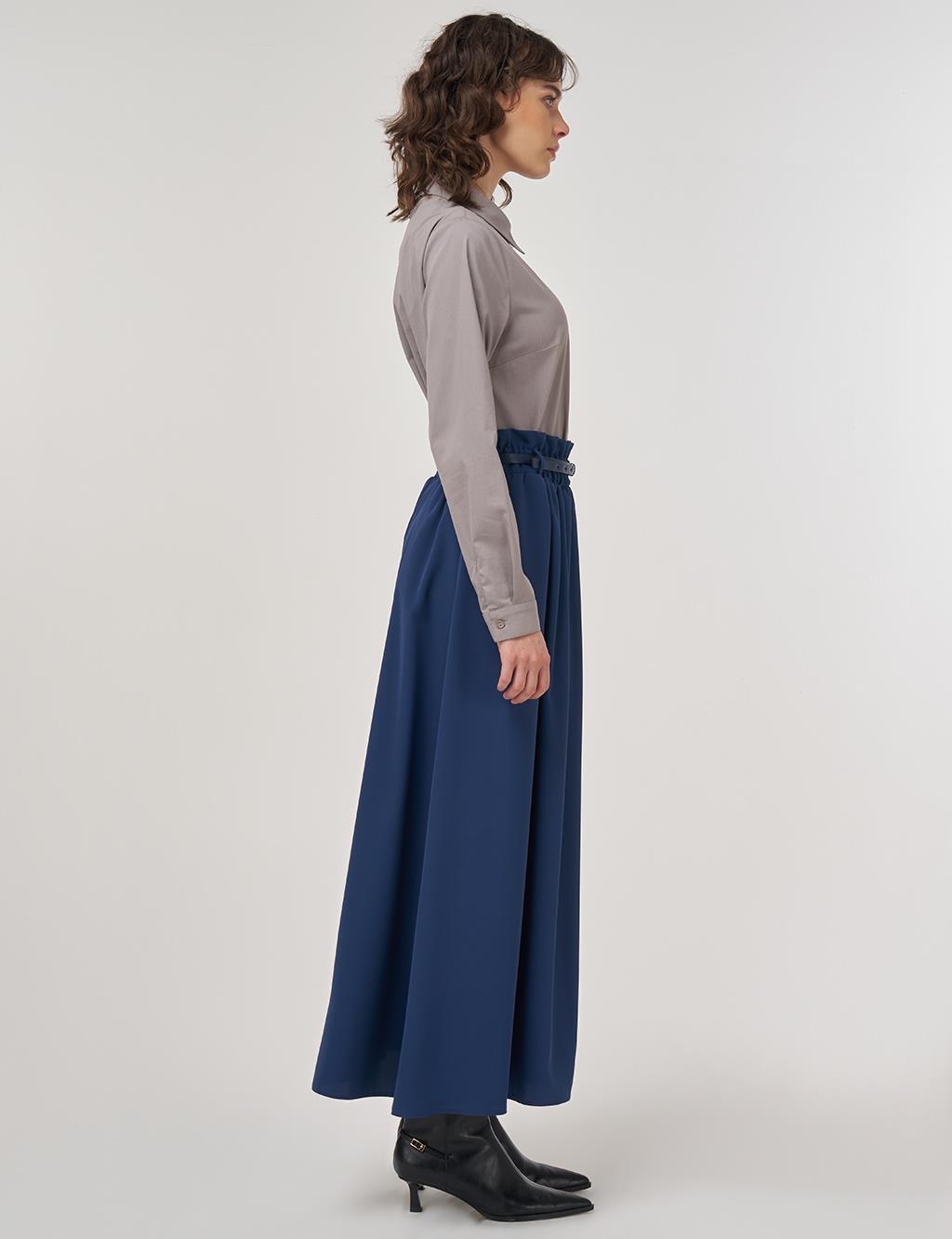 Belt Detail Flared Skirt Indigo