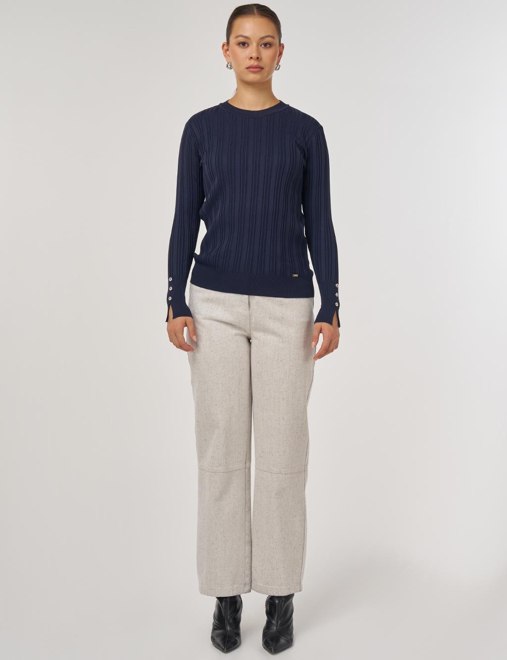 Aksesuar Düğmeli Triko Kazak Lacivert