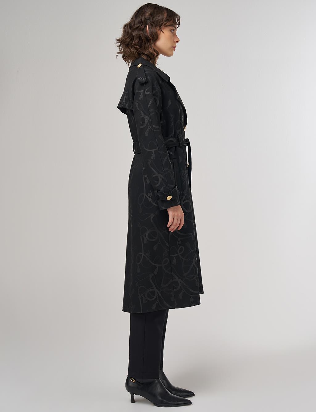 Chain-Pattern Belted Trench Coat – Black