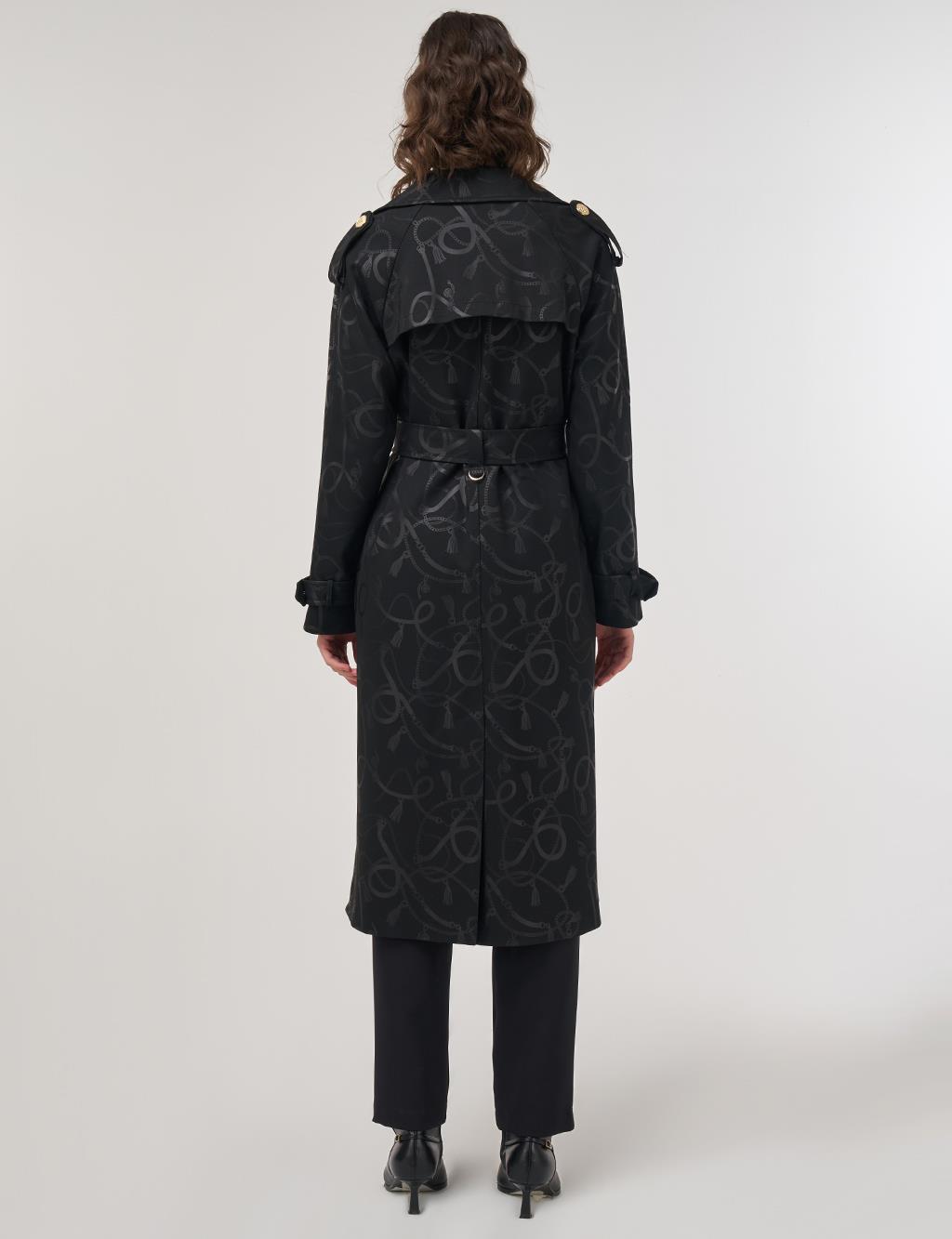 Chain-Pattern Belted Trench Coat – Black