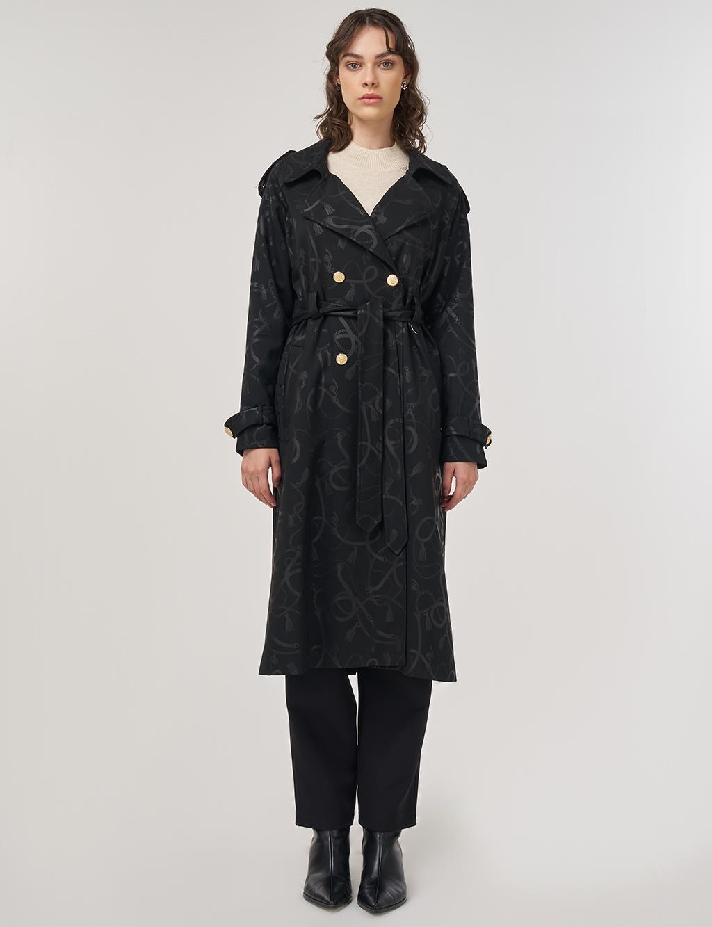 Chain-Pattern Belted Trench Coat – Black