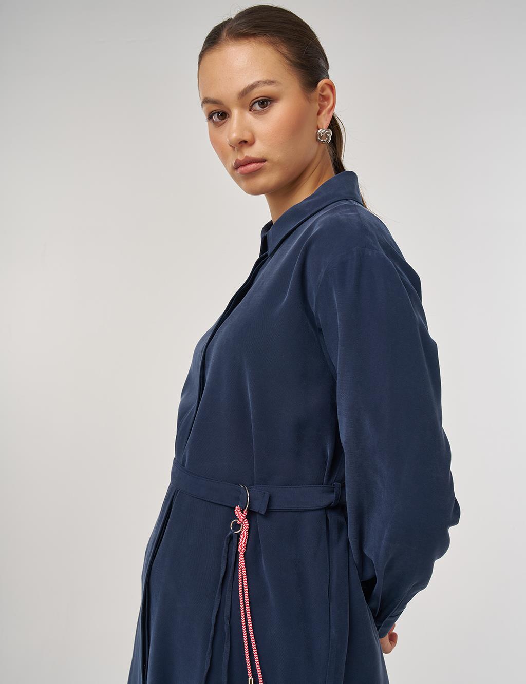 Belt-Detail Rayon Tunic – Dark Navy 