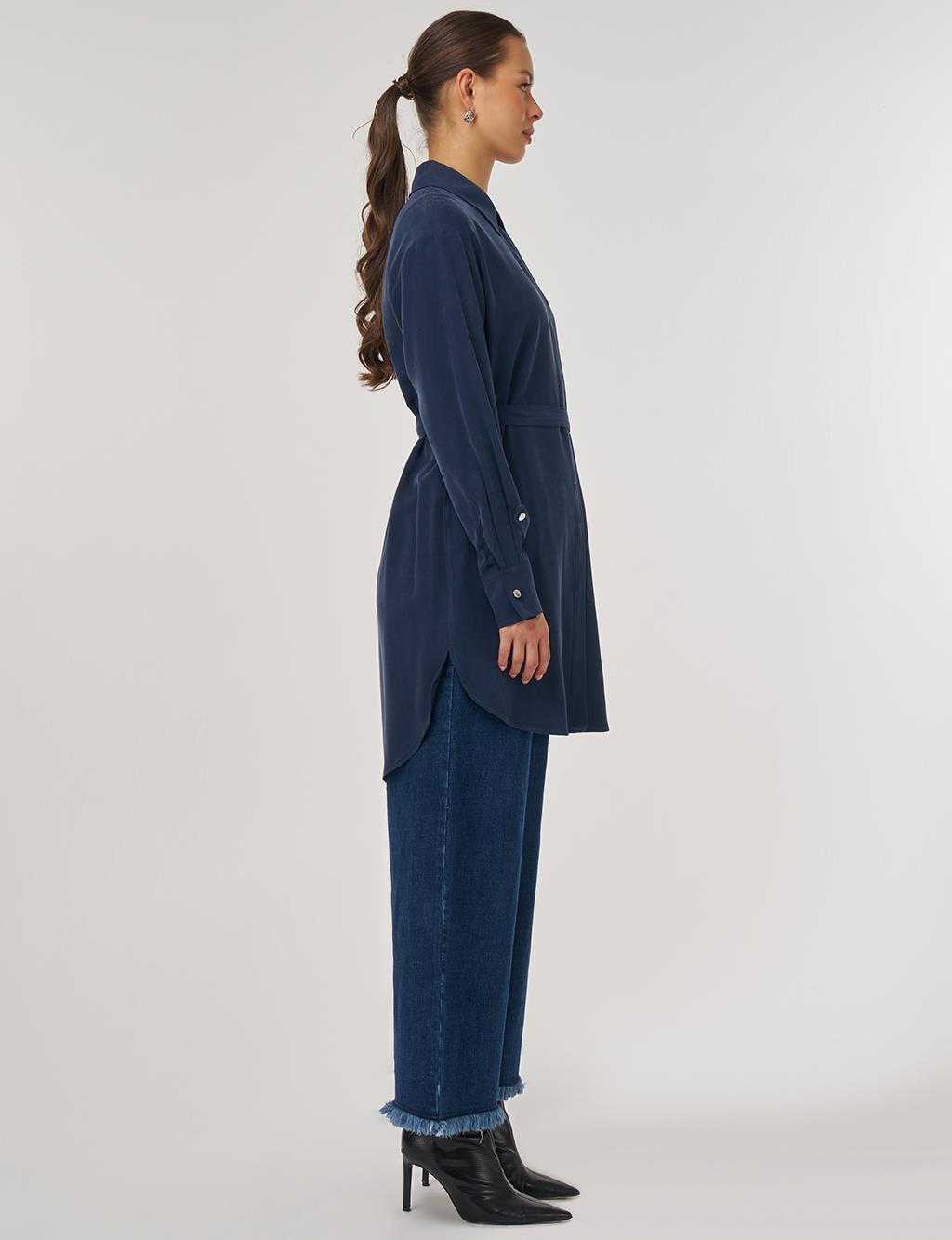 Belt-Detail Rayon Tunic – Dark Navy 