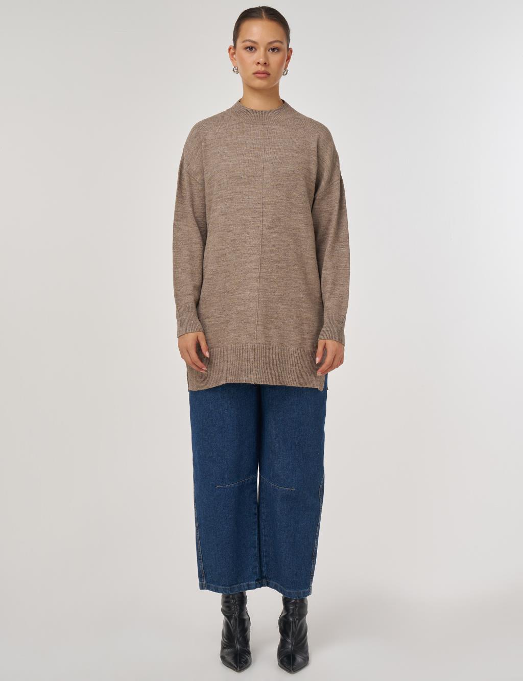 Dikiş Detaylı Triko Tunik Bej 