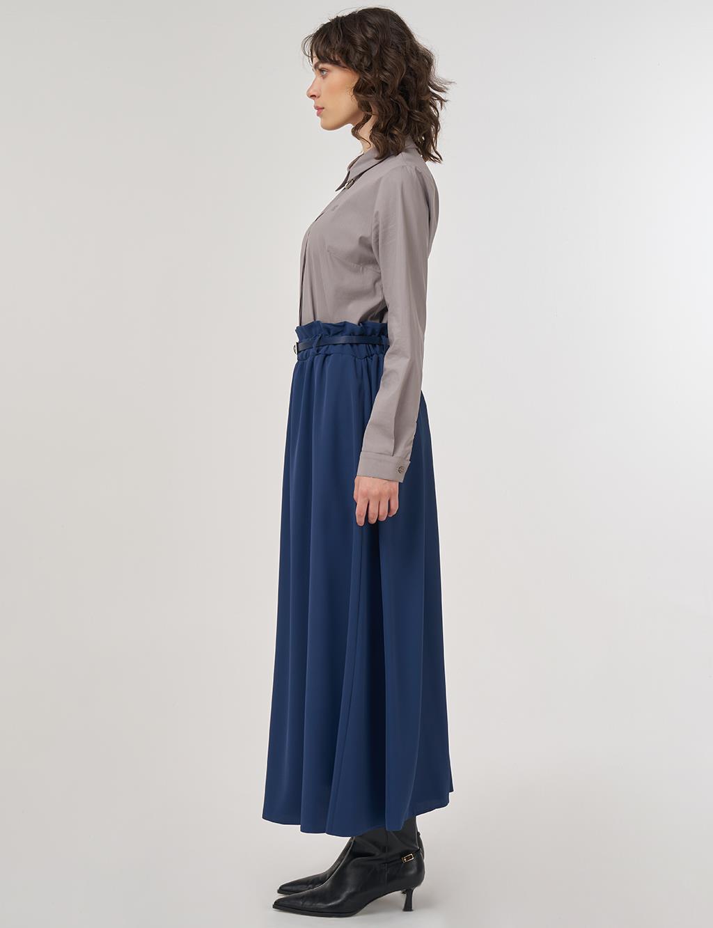 Belt Detail Flared Skirt Indigo